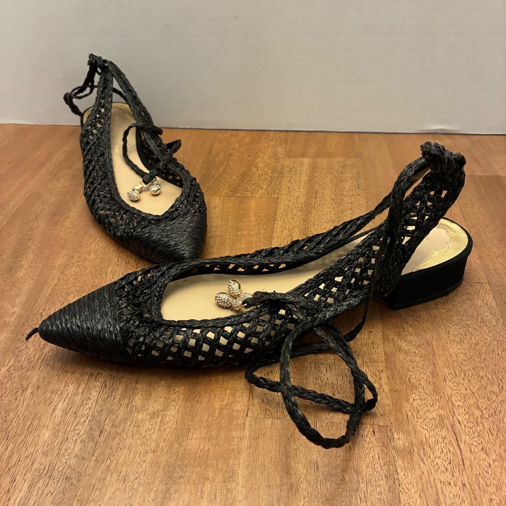 Jennifer Sumko Antonio Melani Black Woven Lace Up Leather Pointed Toe Heels 8.5